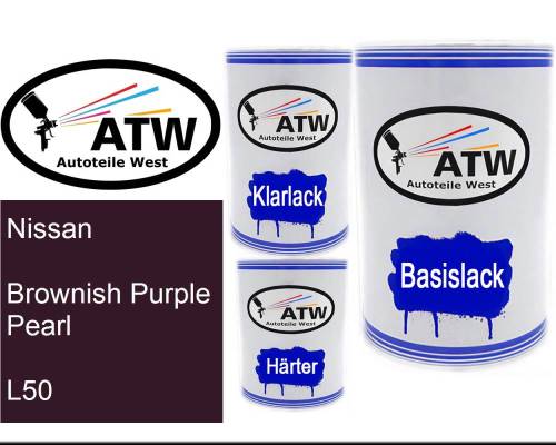 Nissan, Brownish Purple Pearl, L50: 500ml Lackdose + 500ml Klarlack + 250ml Härter - Set, von ATW Autoteile West.